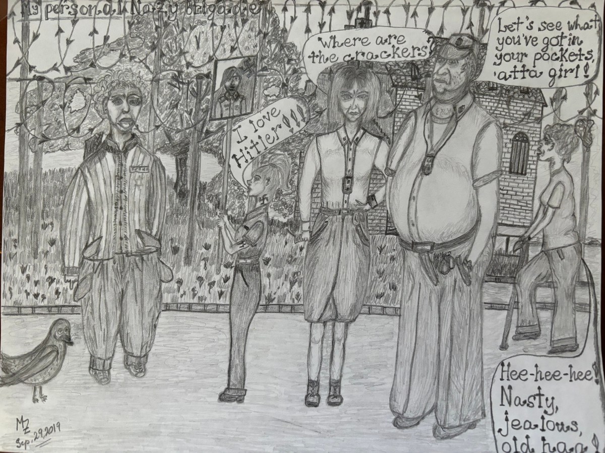 A drawing of a prison scene